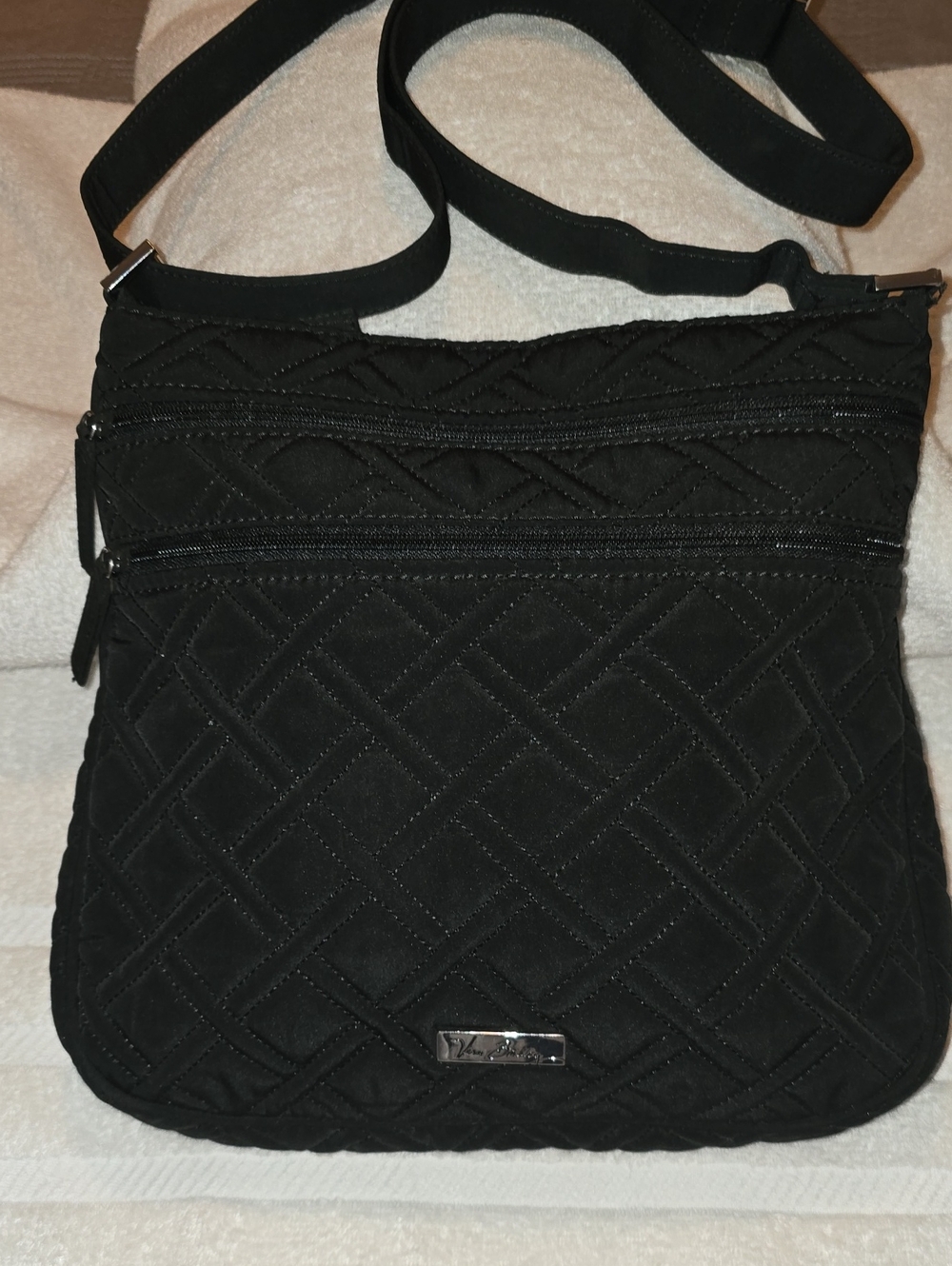 Vera Bradley Black Quilted Triple Zip Hipster Crossbody Bag Purse NWOT